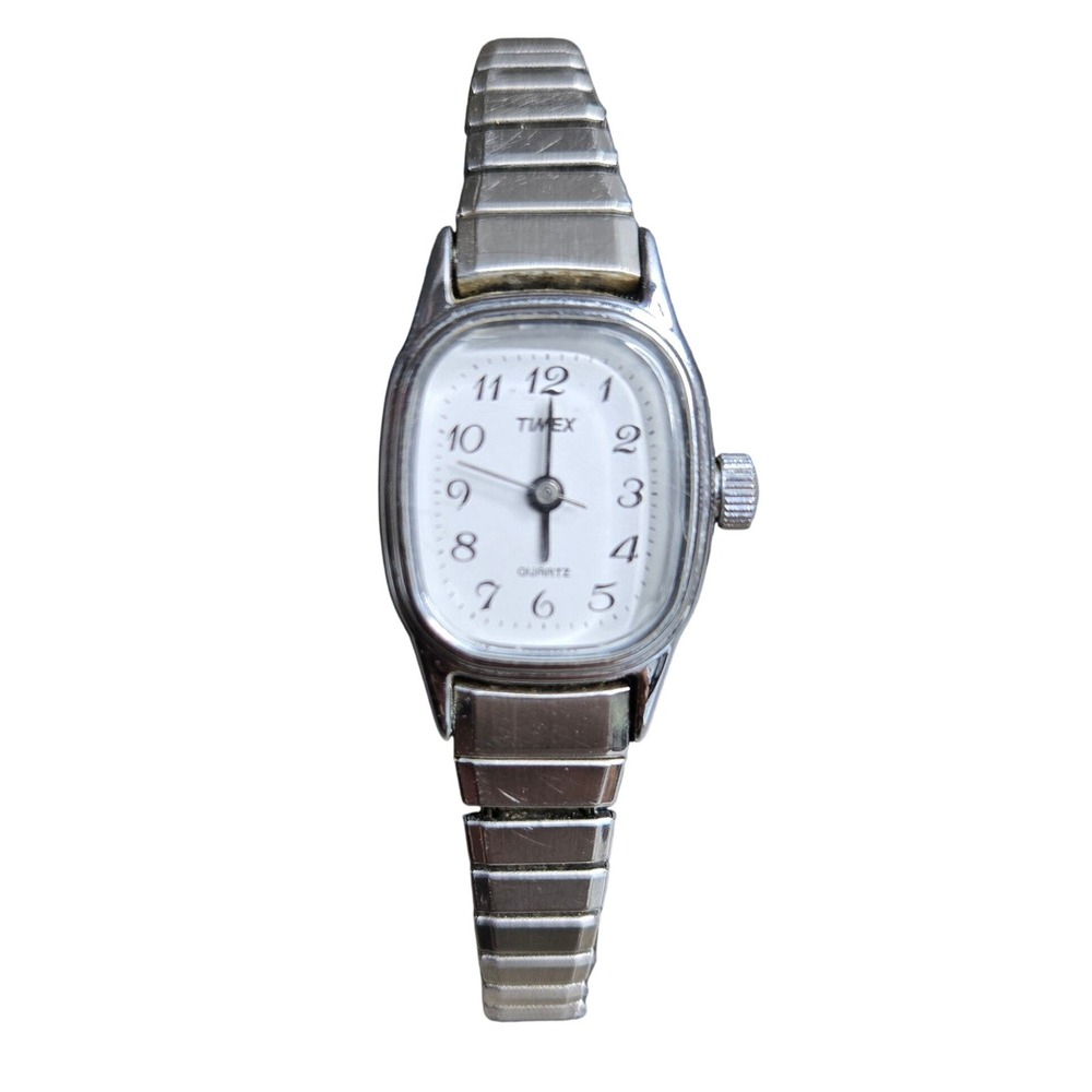 Timex N Cell Quartz Watch Ladies White Oval Dial Silver Tone Stretch For Parts